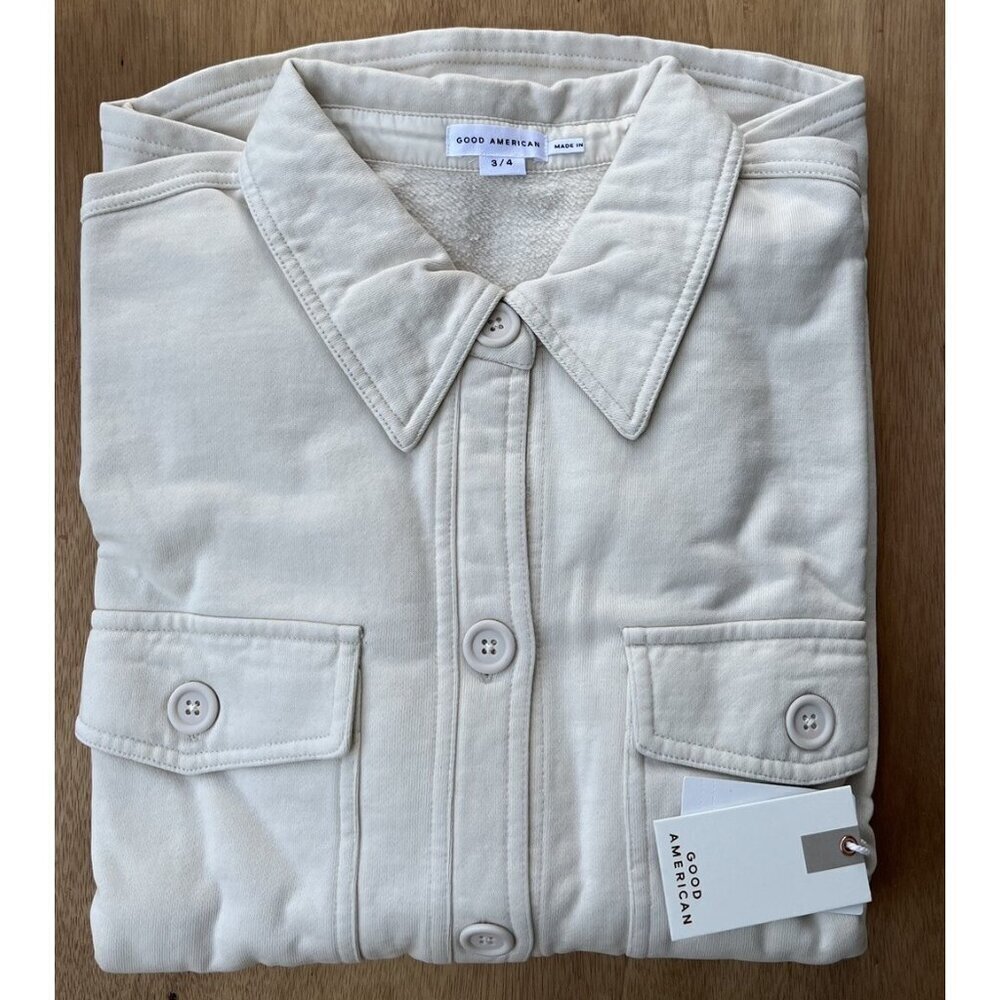 GSO235 Good American Cotton Fleece Shacket Shirt Jacket Size 3/4 Bone